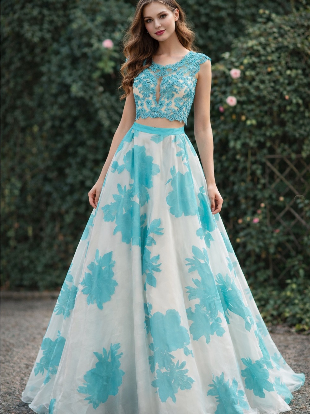 Aqua Floral Ball Gown with Beaded Bodice